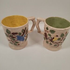Vtg Handmade Pottery Ceramic Mugs Dated 1975 Songbirds Decorative Colorful